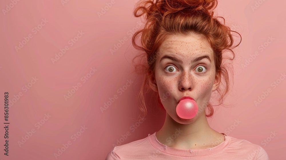 Portrait Of A Cheerful, Cool Girl With A Modern Hairdo, Blowing A Bubble Of Chewing Gum, Exuding Playful Confidence Portrait Of A Cheerful, Cool Girl With A Modern Hairdo, Blowing A Bubble Of Chewing Gum, Exuding Playful Confidence