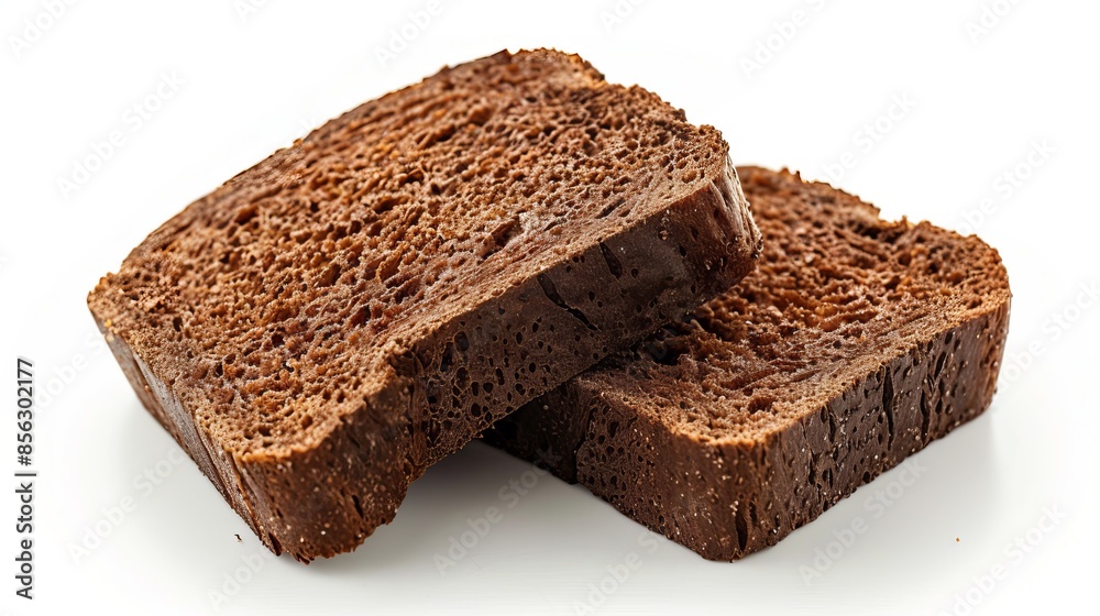 Two pieces of dark bread on a white background Two pieces of dark bread on a white background