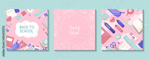 Colorful back to school illustrations with supplies, pink background. Vector illustration