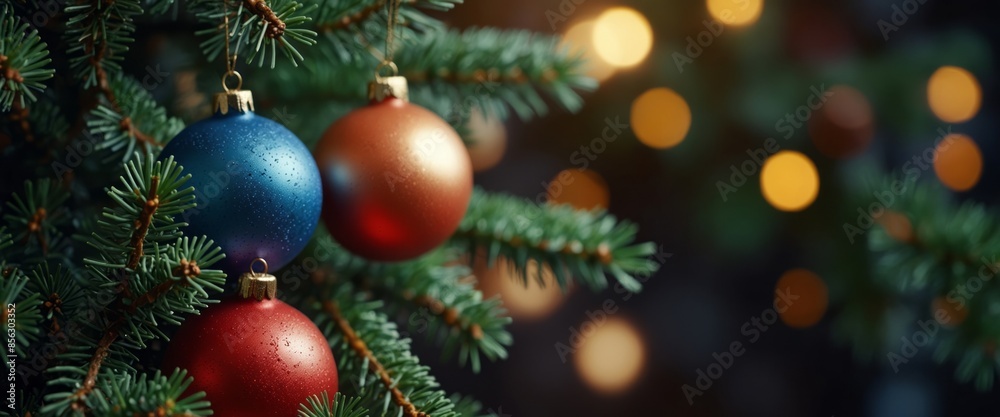 Christmas and new year holidays concept Balls on spruce branches, festive background of winter season. Christmas and new year holidays concept Balls on spruce branches, festive background of winter season.