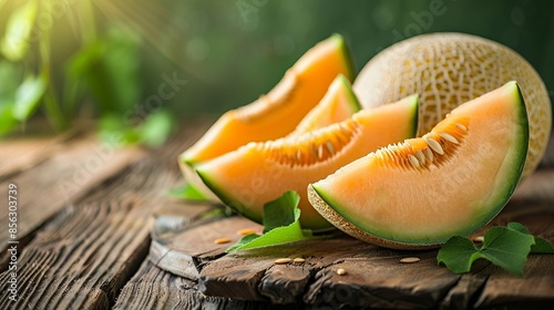 Fresh and juicy ripe muskmelon sliced from the whole fruit, isolated on a wooden background. 