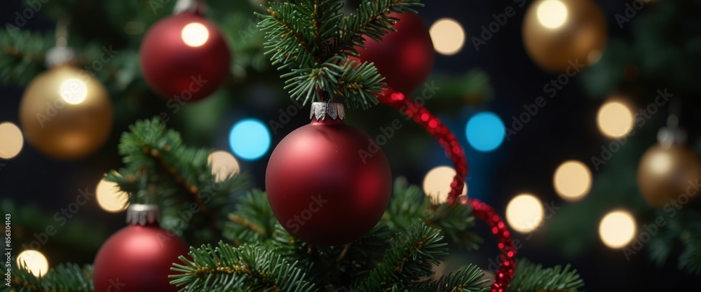 Christmas Tree With Baubles And Blurred Shiny Lights.
