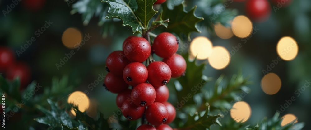 red holly berries and Christmas tree with festive defocused bokeh, holidays background.