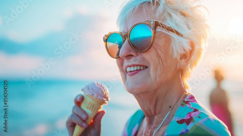 Short-haired gray-haired woman in fashionable sunglasses with ice cream in her hand against the background of the sea and sky. Space for text.