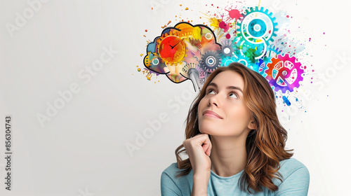 woman thinking with gears and colorful brain drawing on white background, idea concept of female adult having an innovative mind in her head. 