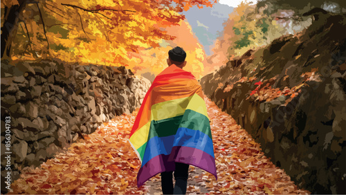 person with lgtb pride flag in amazing autumn landscape ,fidelity, image tracing