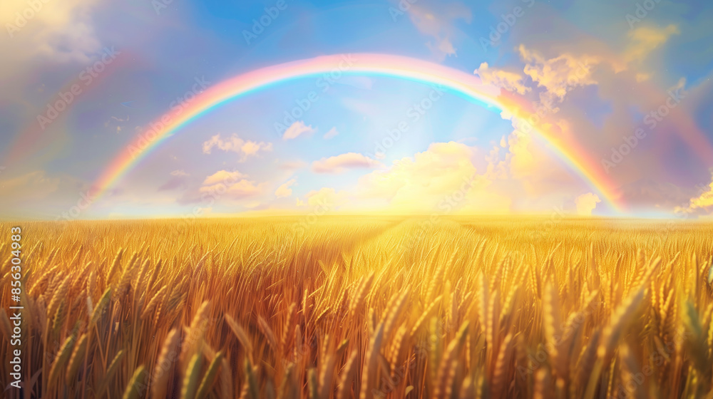 Golden wheat field and rainbow against a beautiful cloudy sky. Rural landscape on a summer day. Harvest concept. Golden wheat field and rainbow against a beautiful cloudy sky. Rural landscape on a summer day. Harvest concept.