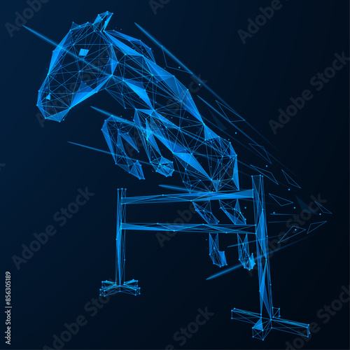 Running horse jumps over an obstacle. Polygonal design of interconnected lines and dots. Blue background.