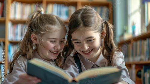 Smiling And Cheerful Schoolgirls Reading A Book Together At School, Sharing A Moment Of Learning And Friendship