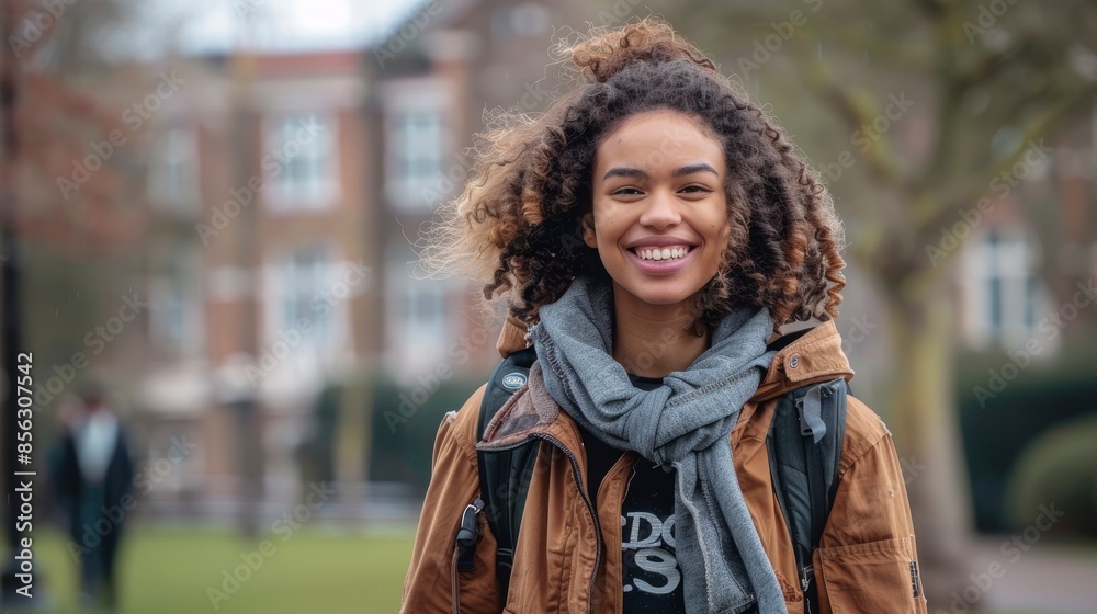 Obraz premium Smiling Student Walking In The Wind, Feeling Carefree And Happy