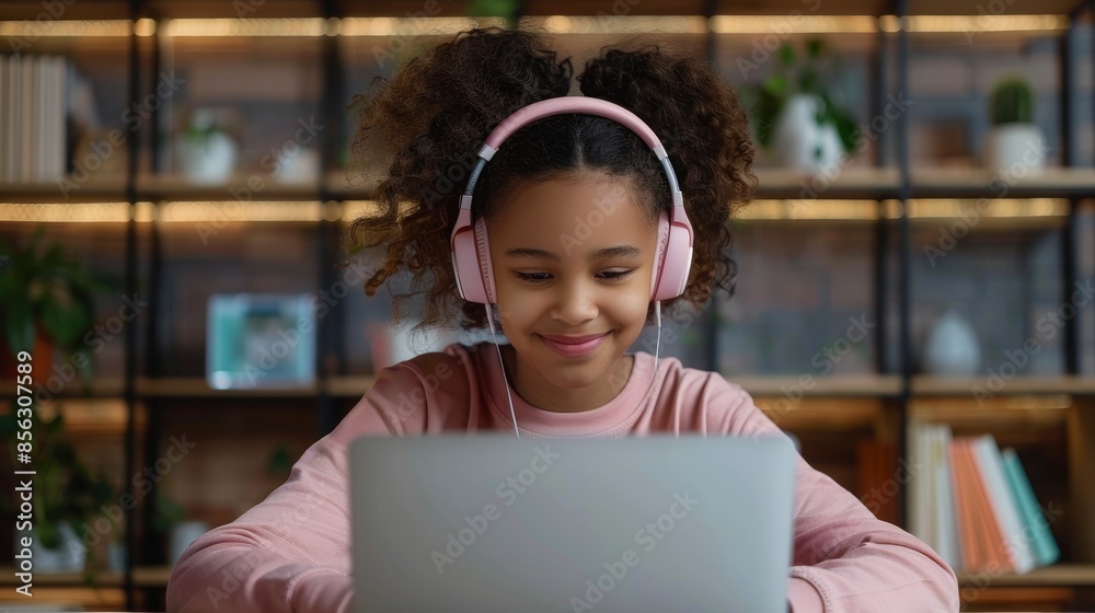 Smiling Teenage Girl Wearing Headphones, Typing On Her Laptop, Feeling Connected And Focused Smiling Teenage Girl Wearing Headphones, Typing On Her Laptop, Feeling Connected And Focused