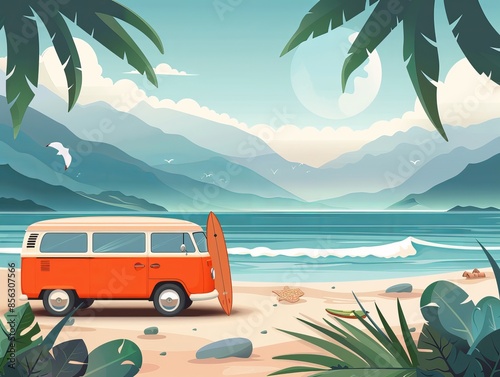 This illustration displays a tropical beach with a retro van, creating a relaxed vacation vibe ideal for abstract background or wallpaper use photo