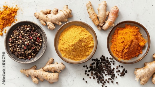 Overhead view of a spice set featuring curry powder, ginger powder, and allspice in bowls on a light surface.  photo