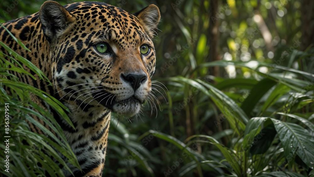 Obraz premium Jaguar with green eyes stalking prey, amazon rainforest background, cinematic shoot
