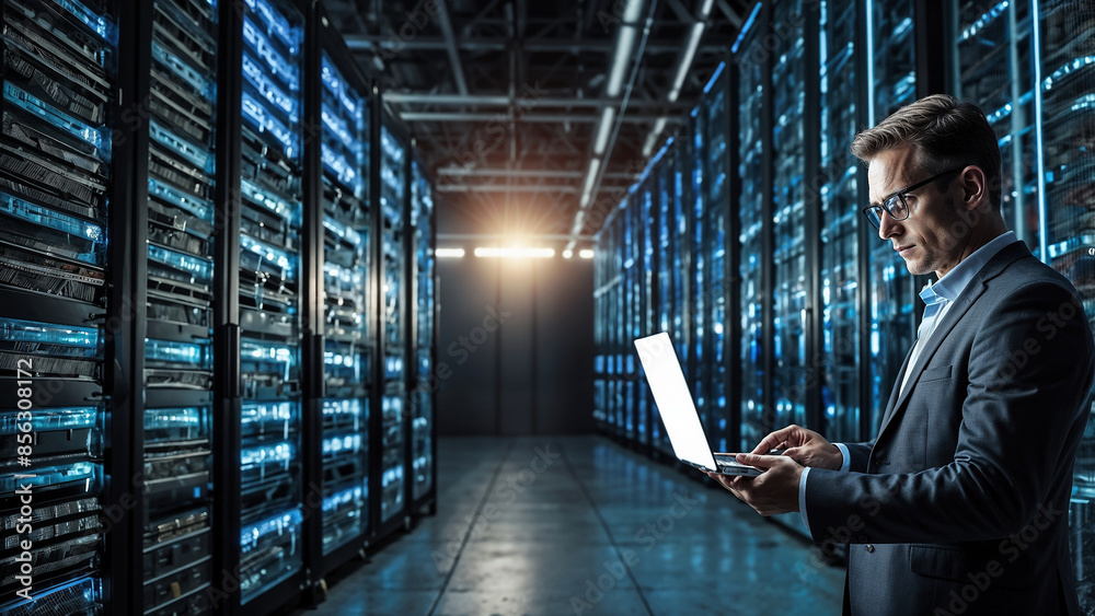 Technology of the Future: Data Center CTO with Laptop in Warehouse. Technology of the Future: Data Center CTO with Laptop in Warehouse.