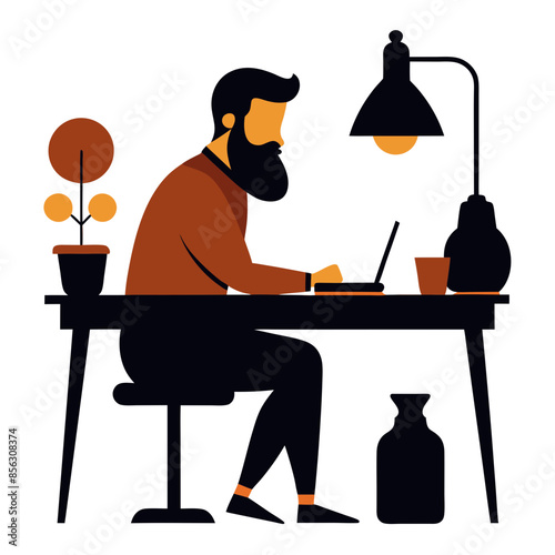 The Man has an urn under his desk, an empty plastic water bottle and a table lamp on his desk