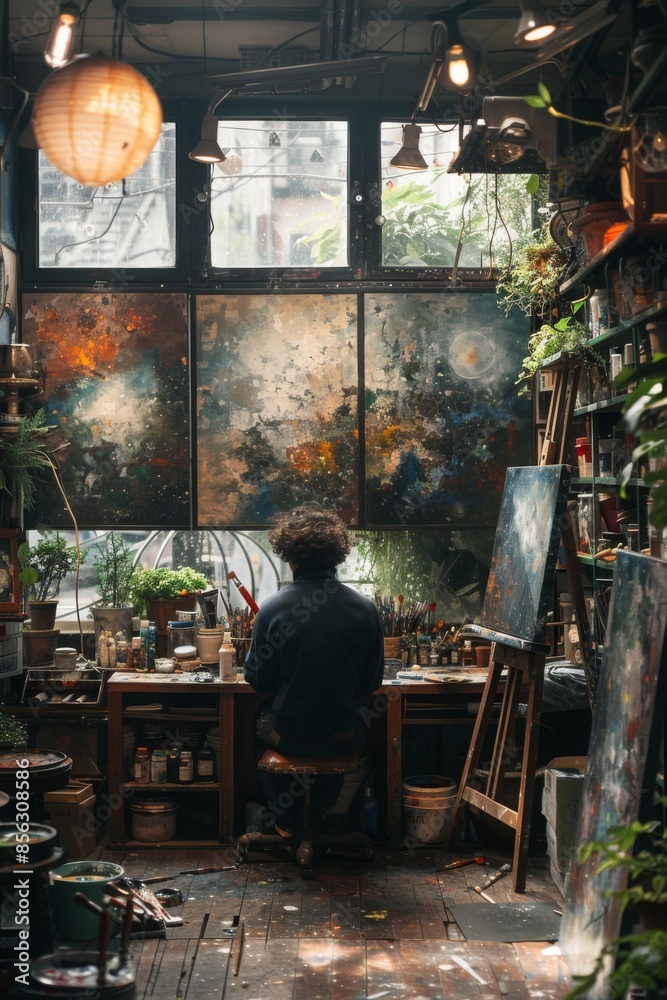 Artist Working in a Messy Studio Artist Working in a Messy Studio