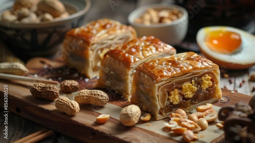 Moon cake with salted egg peanuts: A Chinese pastry filled with peanuts and salted egg. Spring roll pastry with nuts and salted eggs: A savory Asian pastry filled with nuts and salted egg photo