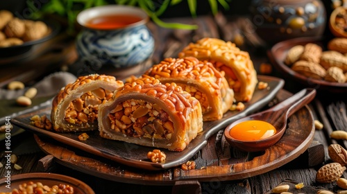 Moon cake with salted egg peanuts: A Chinese pastry filled with peanuts and salted egg. Spring roll pastry with nuts and salted eggs: A savory Asian pastry filled with nuts and salted egg
