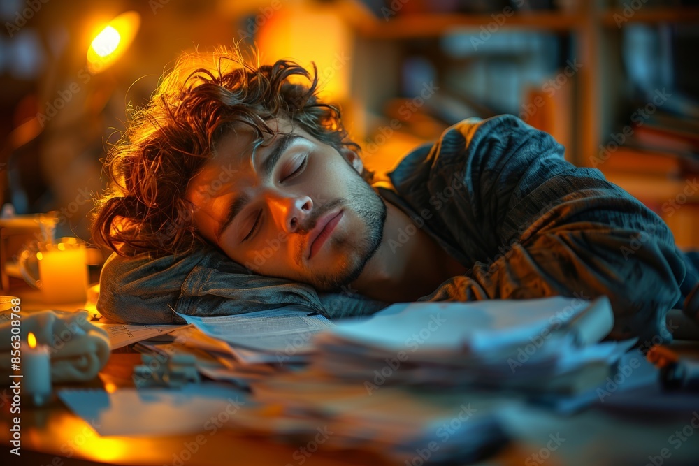 Exhausted young man napping on cluttered desk, peaceful moment Exhausted young man napping on cluttered desk, peaceful moment