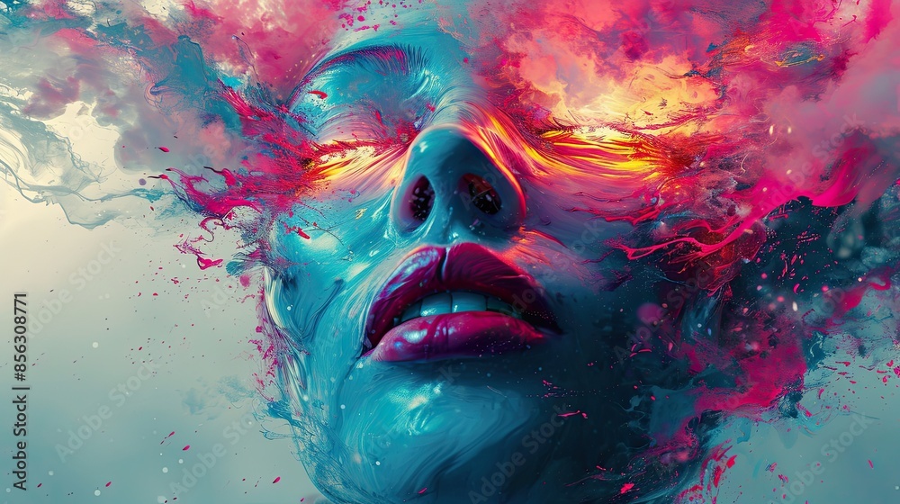 A woman's face is painted with bright colors and has a fiery look A woman's face is painted with bright colors and has a fiery look