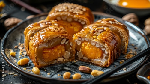 Moon cake with salted egg peanuts: A Chinese pastry filled with peanuts and salted egg. Spring roll pastry with nuts and salted eggs: A savory Asian pastry filled with nuts and salted egg photo
