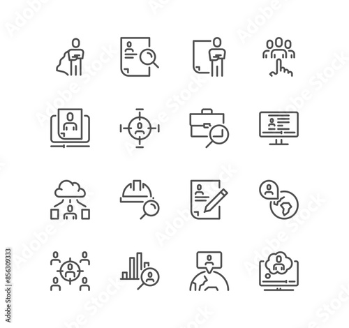Set of headhunting related icons, resume, executive search, work group, self presentation, company organization, human collecting and linear variety vectors.
