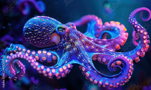 neon glowing octopus in deep ocean waters photo