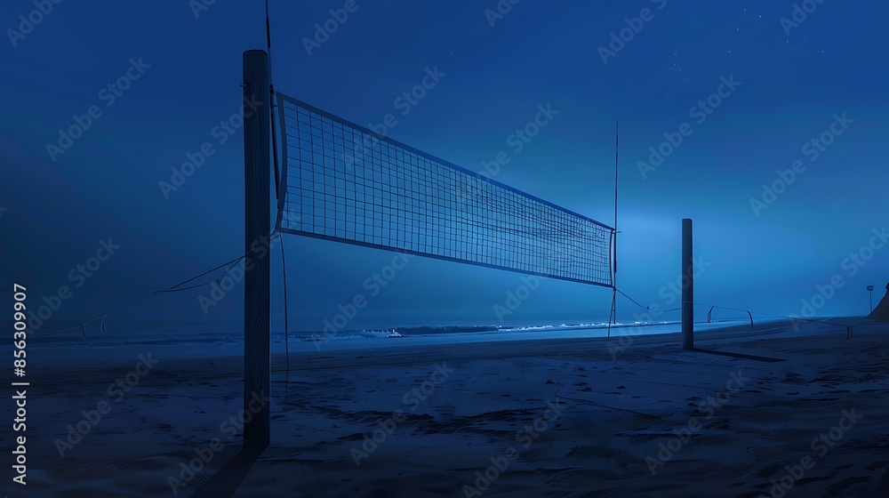 A deserted beach volleyball court at dawn, with the first light of the day highlighting the net and court lines. A deserted beach volleyball court at dawn, with the first light of the day highlighting the net and court lines.