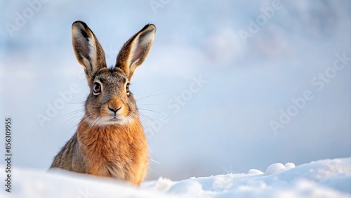 Hare sitting in thick snow with a curious expression, wildlife, animal, hare, rabbit, fluffy, winter, snow, cold, furry, curious © guntapong