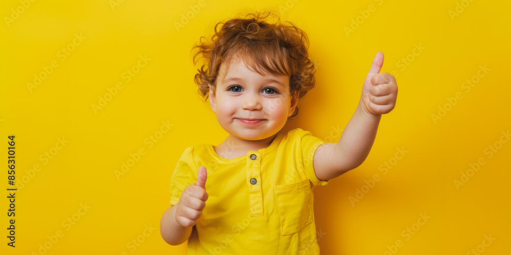 Happy toddler giving thumbs up on yellow background Happy toddler giving thumbs up on yellow background
