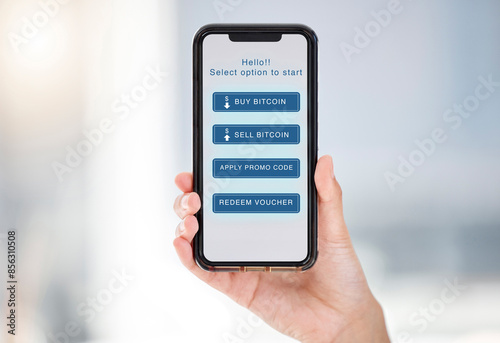 Hands, phone and person trading on stock market, fintech app or cryptocurrency option. Closeup, financial trader or screen of technology for voucher promo code, banking investment or trading choices