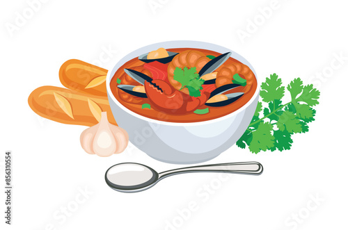 Bouillabaisse soup with mussels and shellfish vector illustration. Bowl of bouillabaisse fish soup icon set isolated on a white background. Bouillabaisse soup, seafood, herbs and baguette drawing