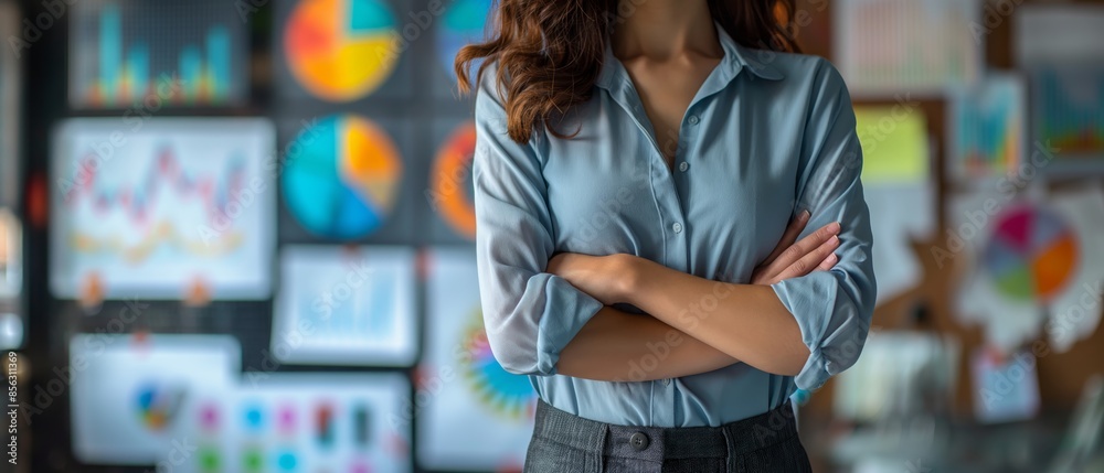businesswoman at office with graph paper chart as background businesswoman at office with graph paper chart as background
