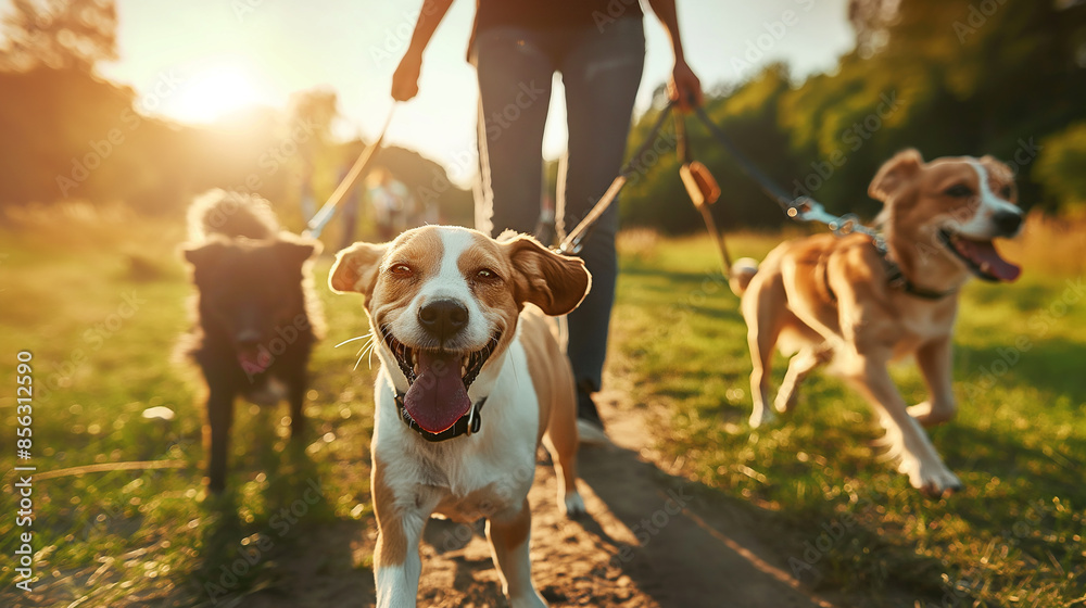 Dog walking on a leash in the park at sunset with happy pets enjoying ...