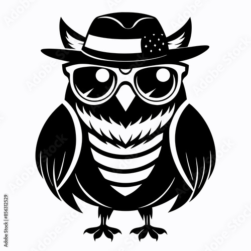 A cool vintage style owl with sun glasses and hat, silhouette black color on the white background