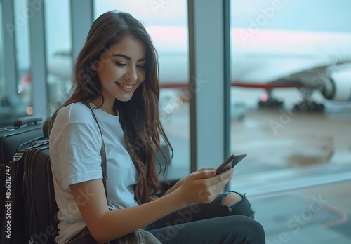 Woman at the airport sitting by the window using her smartphone waiting for a plane - Generative AI
