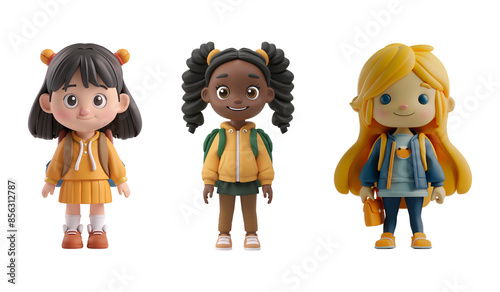 Attractive Student Girls: Gleeful Kids Going to School 3D Illustration Cartoon, Isolated on Transparent Background, PNG