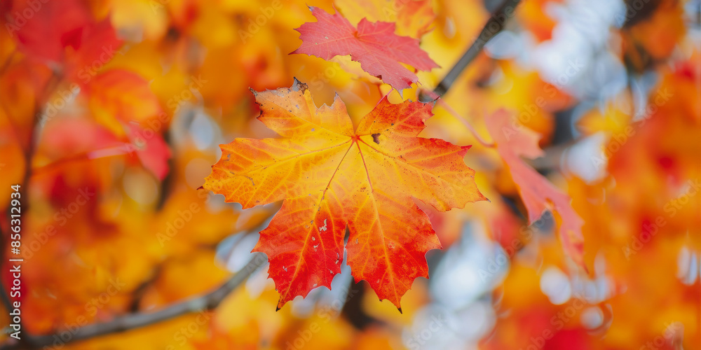 Vibrant autumn maple leaf in a forest setting Vibrant autumn maple leaf in a forest setting