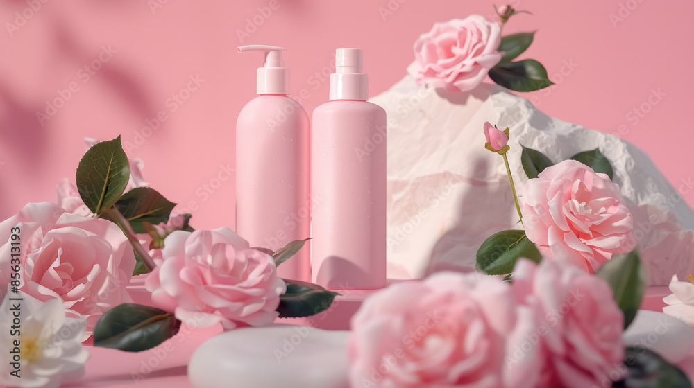 skincare cosmetic bottles with pink roses and petals on a gentle pastel pink background skincare cosmetic bottles with pink roses and petals on a gentle pastel pink background