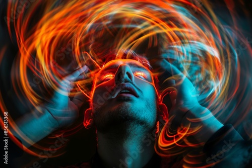 Man surrounded by colorful light trails representing a sever headache, stress or sensory overload photo