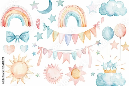 Isolated on white background, watercolor set of star, rainbow, raindrop, cloud, sun, moon, crown, and flags for the holiday.