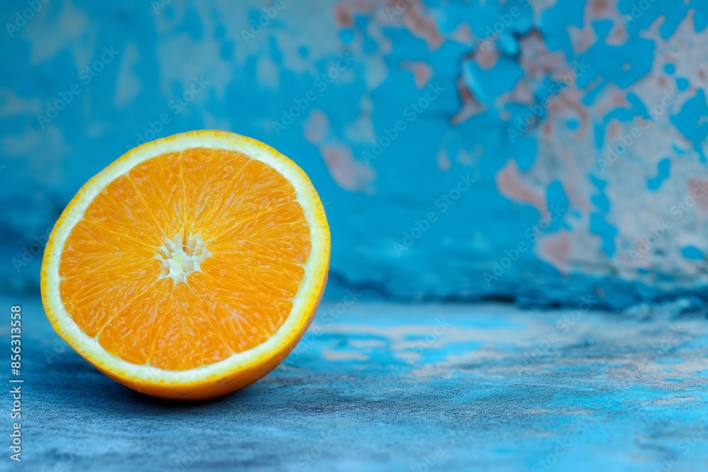 A vivid half-sliced orange on a blue textured background with space for text A vivid half-sliced orange on a blue textured background with space for text