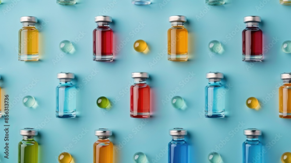 New Covid 19 vaccine in vials with various colors on blue background