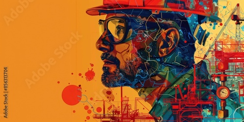 An illustration of an oil worker wearing a hard hat and safety glasses The background is orange and there are paint splatters in the foreground. AIGZ01 photo