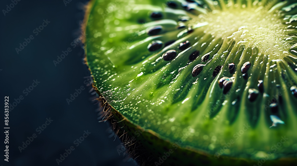Food photography with copy space of a close up of a cut kiwi fruit Food photography with copy space of a close up of a cut kiwi fruit