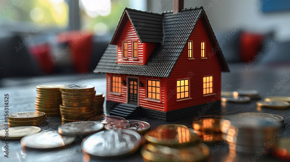 A miniature red house with glowing windows sits on a table surrounded by stacks of coins, suggesting a hopeful desire for financial stability and homeownership A miniature red house with glowing windows sits on a table surrounded by stacks of coins, suggesting a hopeful desire for financial stability and homeownership