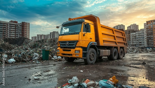 A vibrant image depicting a yellow dump truck amid a construction site landfill, with buildings in the background photo