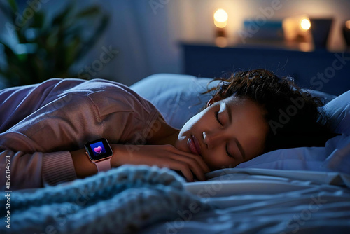 Person snoozing peacefully with a wearable sleep tracking heart rate monitor smartwatch capturing vital data