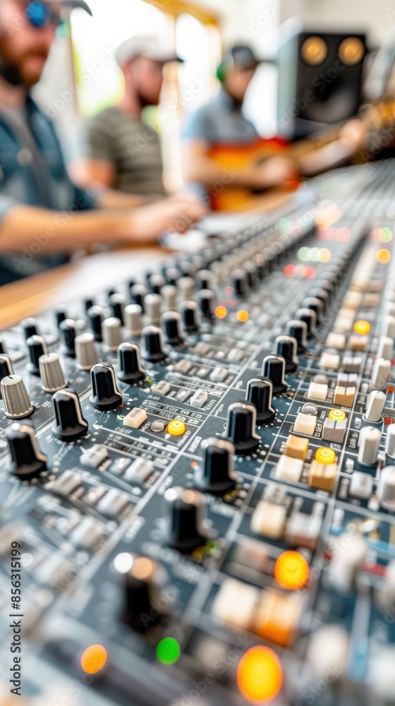 custom made wallpaper toronto digitalClose-up of a professional sound mixing console with blurred musicians in the background, capturing the essence of music production.
